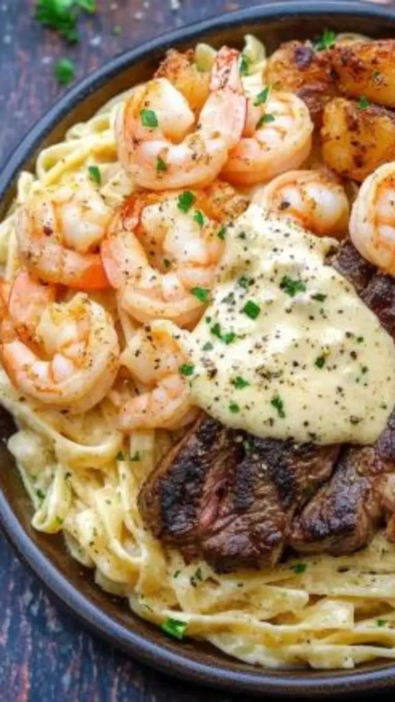 Easy Ribeye Steak And Shrimp Alfredo Pasta Recipe Easy Ribeye Steak And Shrimp Alfredo Pasta Recipe
